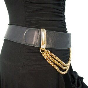 PATRICIA GREEN Details Wide Leather Gold Chain Belt Women's L